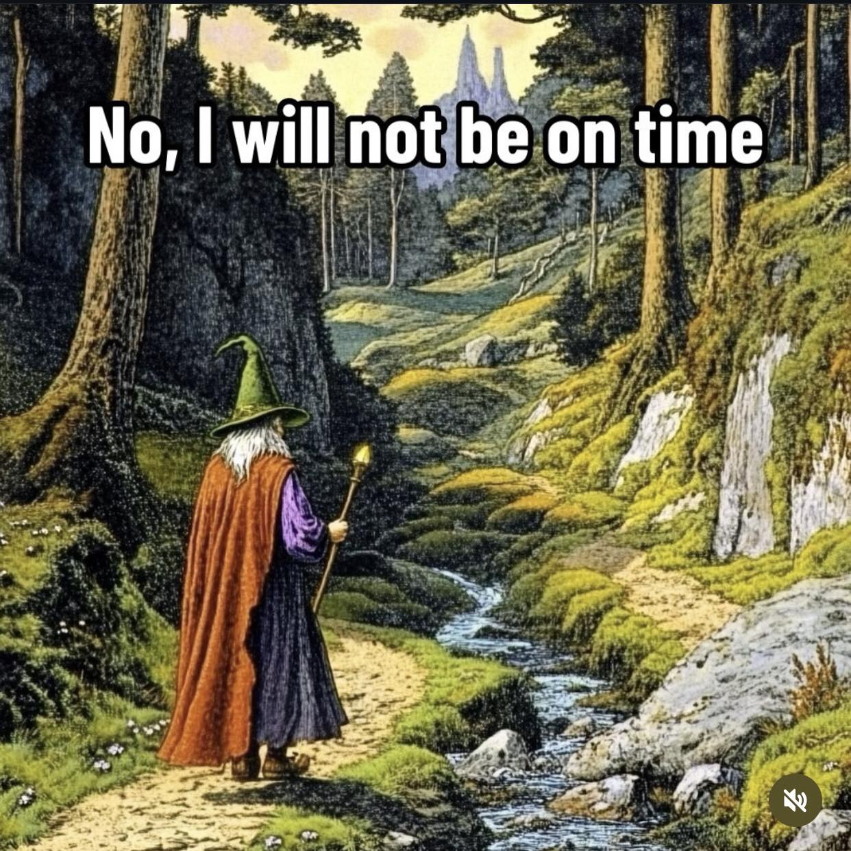 This meme features a wizard in a forest, looking at a clock that says "hast" (an old-fashioned word for "has") and "not" (a negative word). The text above the image reads "No, I will not be late" and the text below it says "No, I will not be on time". The image is humorous because it shows a wizard who is both late and on time, which is a contradictory and absurd situation.
